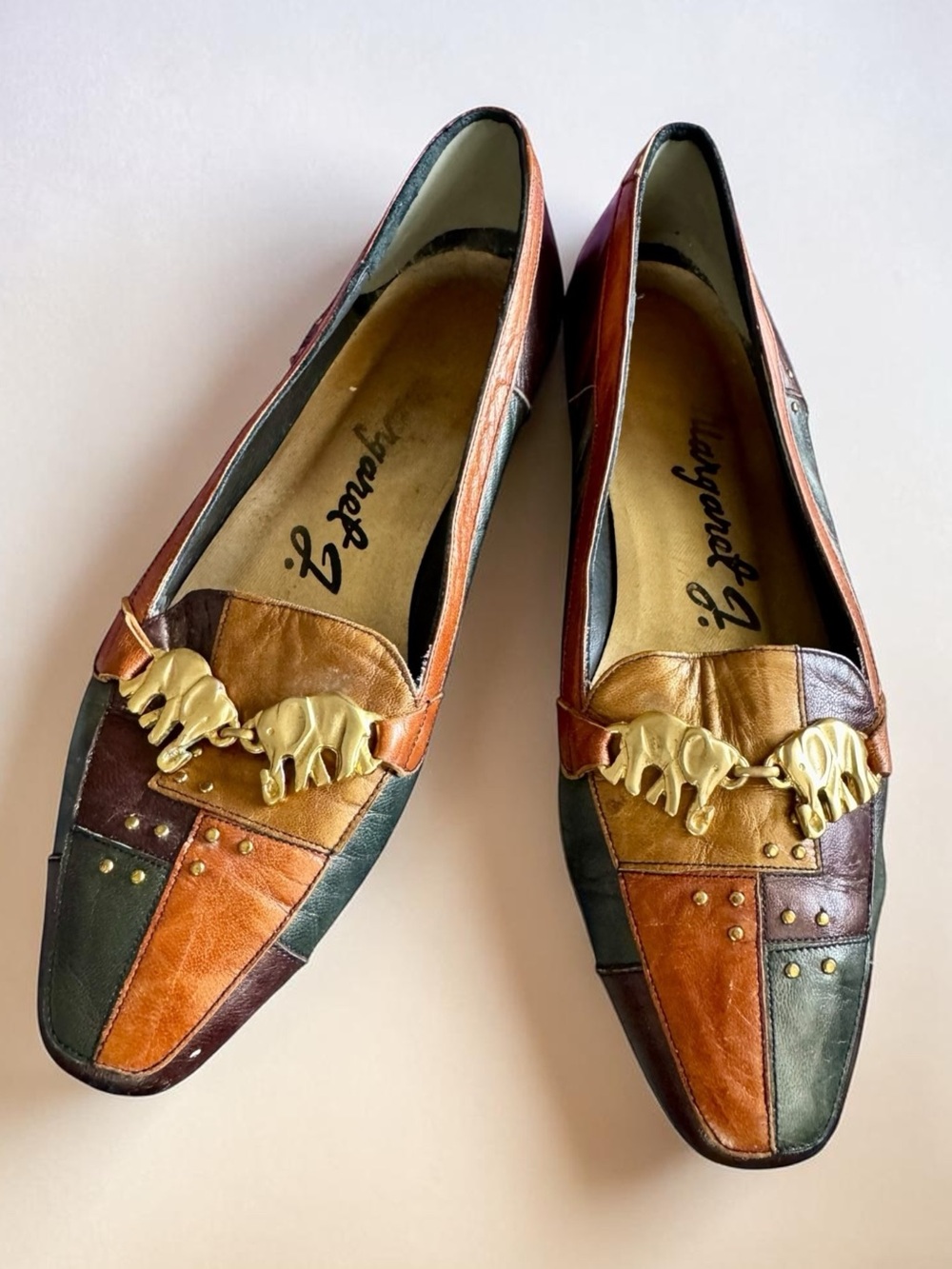 Vtg 80s Margaret J Patchwork Leather Loafers Brass Elephant 6m Afro Boho Tribal